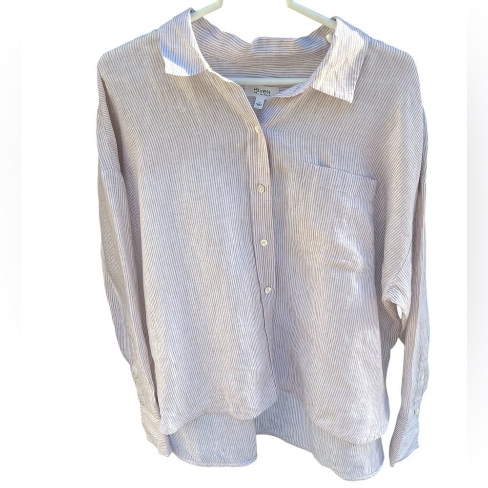 Haven Well Within NWOT 100% linen white tan striped button down oversized shirt